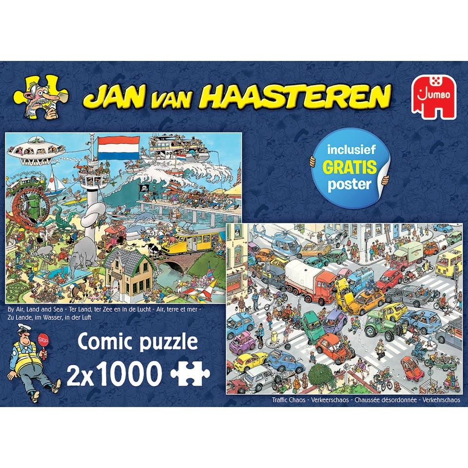 Jumbo Jan Van Haasteren Puzzelset Verkeerschaos & Ter Land, Ter Zee En In De Lucht - 2 X 1000 Stukjes 2 Jumbo Jan Van Haasteren Puzzelset Verkeerschaos & Ter Land, Ter Zee En In De Lucht - 2 X 1000 Stukjes - Afbeelding 2