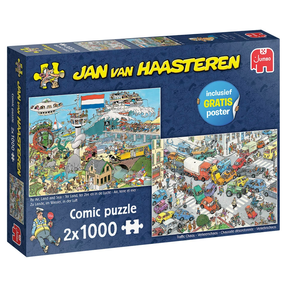 Jumbo Jan Van Haasteren Puzzelset Verkeerschaos & Ter Land, Ter Zee En In De Lucht - 2 X 1000 Stukjes 1 Jumbo Jan Van Haasteren Puzzelset Verkeerschaos & Ter Land, Ter Zee En In De Lucht - 2 X 1000 Stukjes